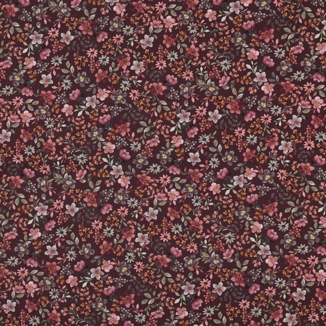 BALD ERHÄLTLICH - Baumwolle digital kleine Blumen bordeaux