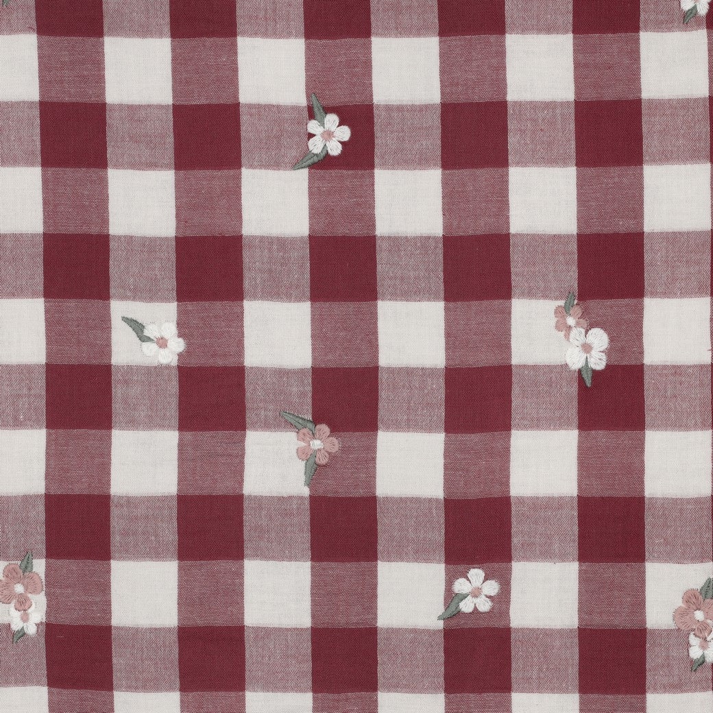 BALD ERHÄLTLICH - Double Gauze bestickt Blumen karo bordeaux