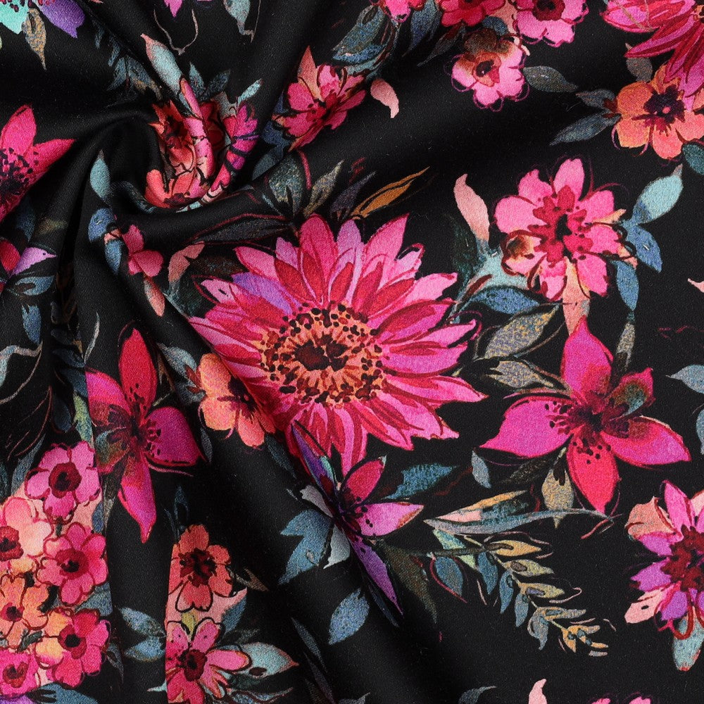Baumwollsatin digital Flowers schwarz pink