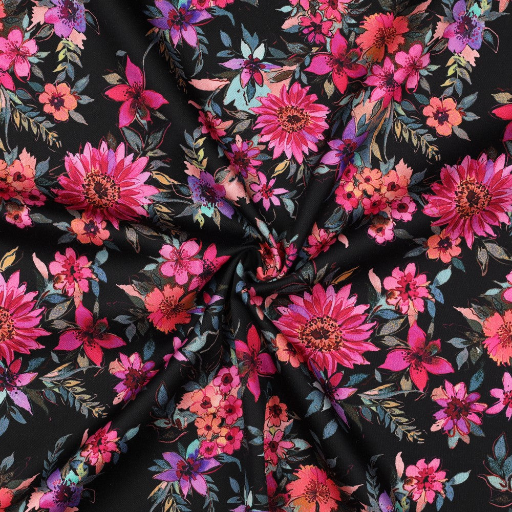Baumwollsatin digital Flowers schwarz pink