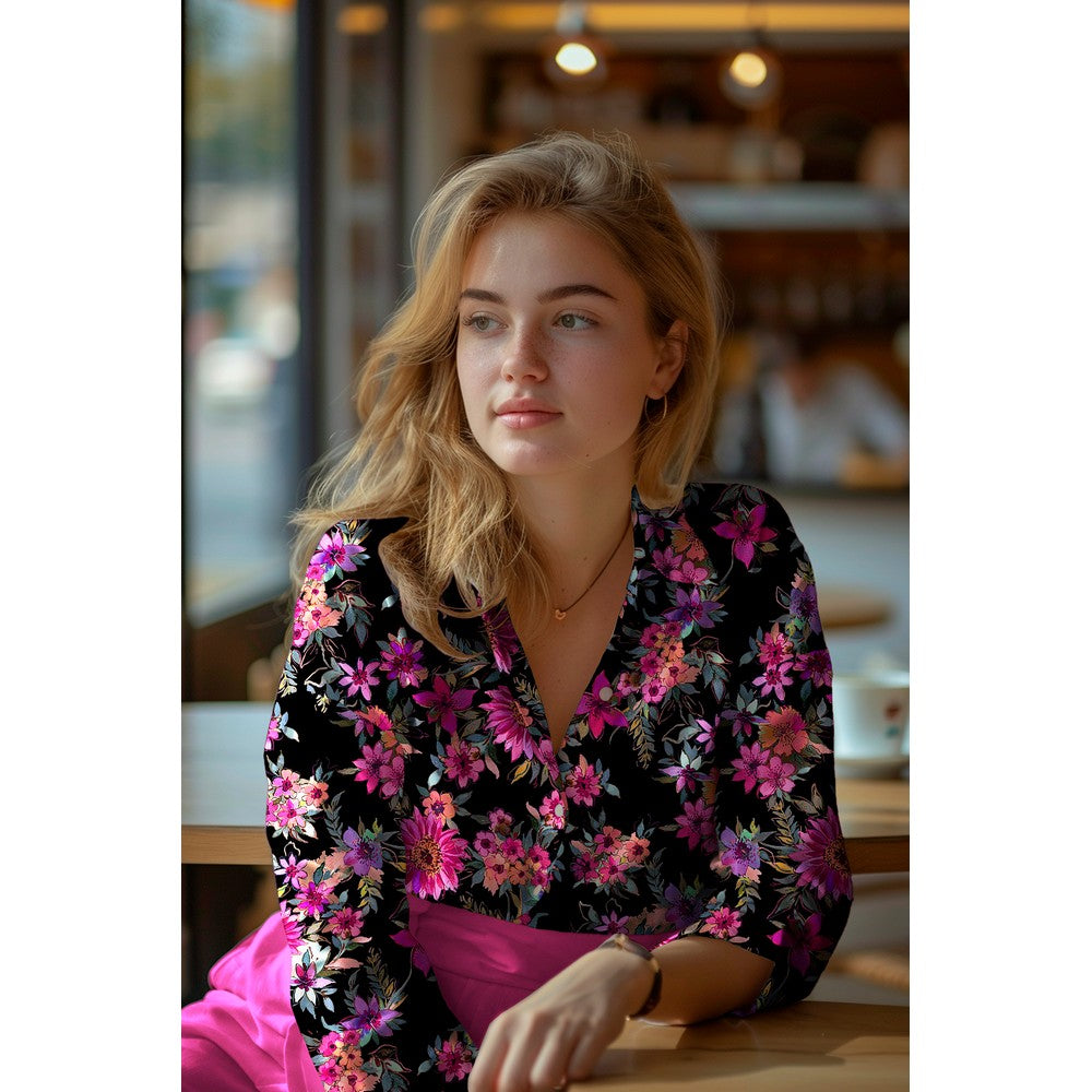 Baumwollsatin digital Flowers schwarz pink