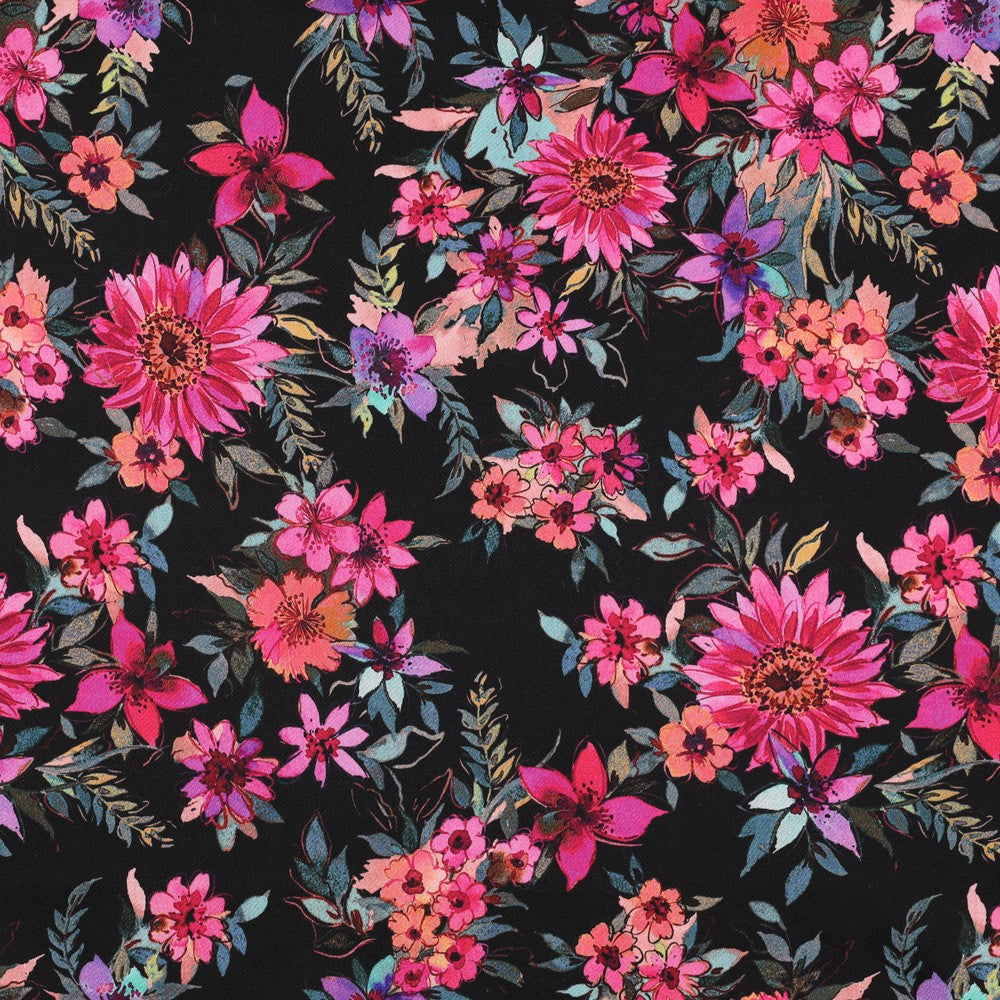 Baumwollsatin digital Flowers schwarz pink