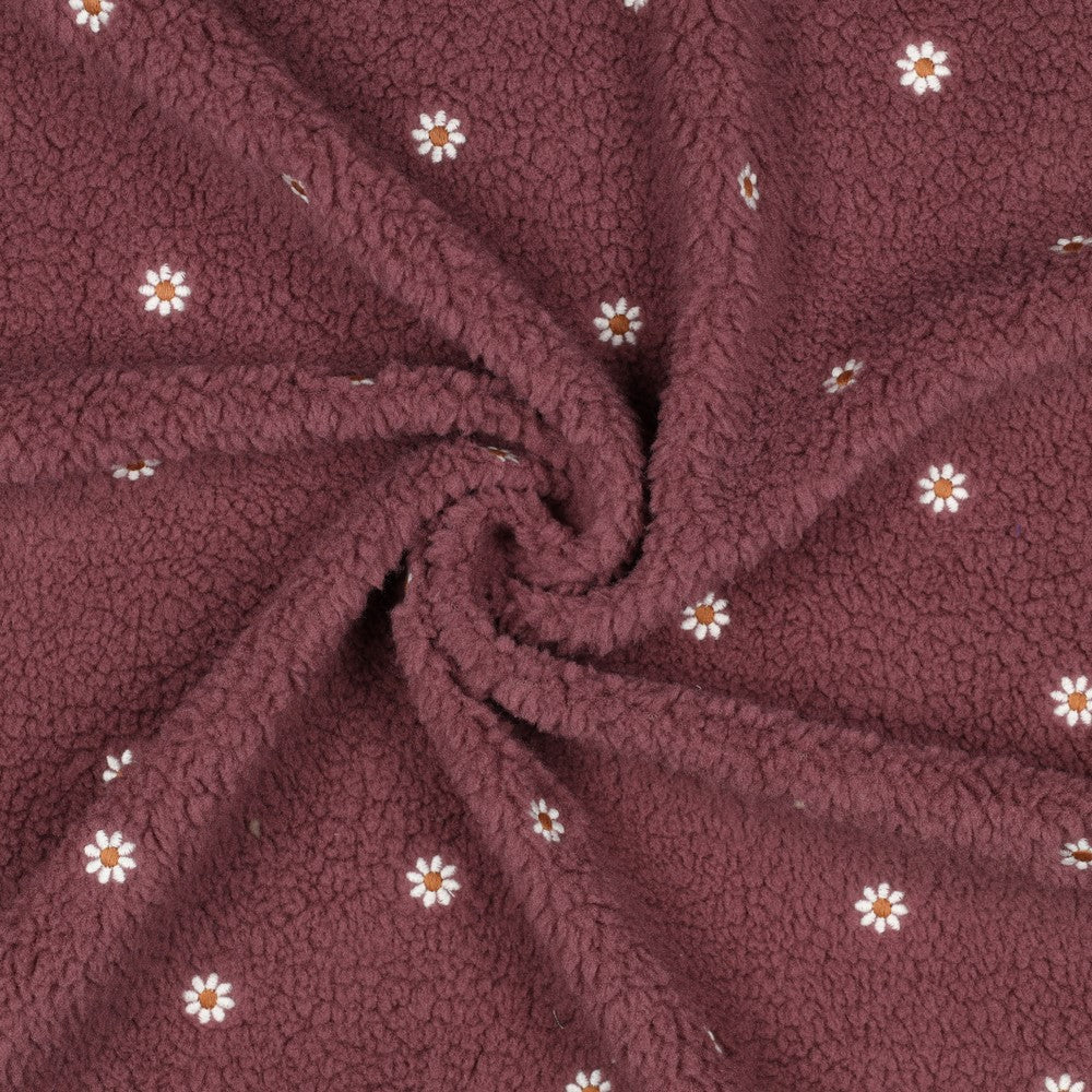 Teddystoff bestickt Flowers dunkel mauve