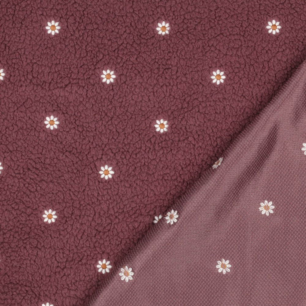 Teddystoff bestickt Flowers dunkel mauve