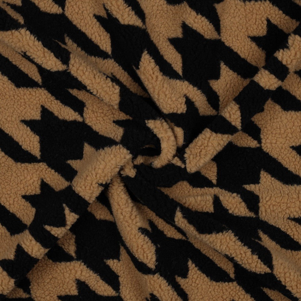 Teddystoff Hahnentritt camel schwarz