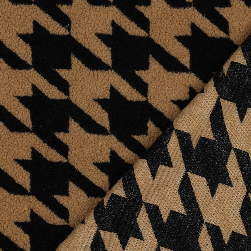Teddystoff Hahnentritt camel schwarz