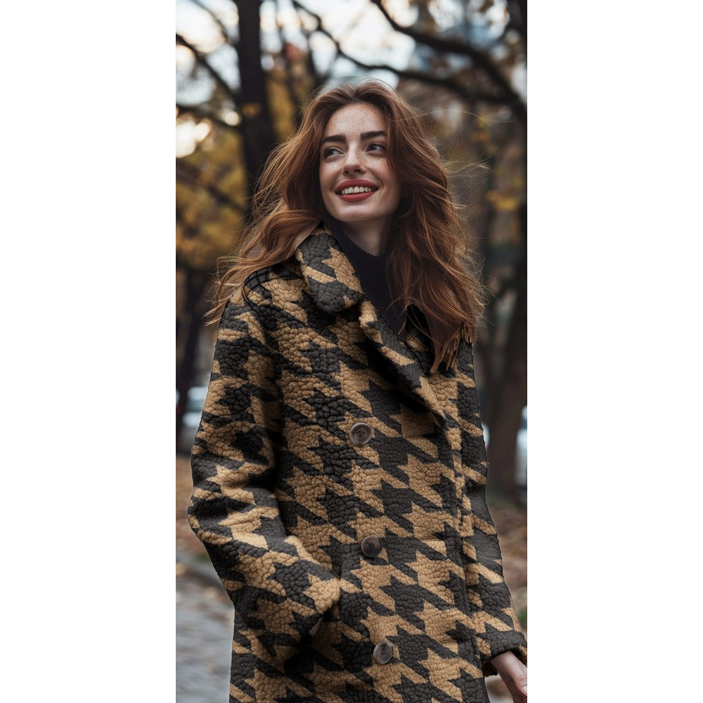 Teddystoff Hahnentritt camel schwarz
