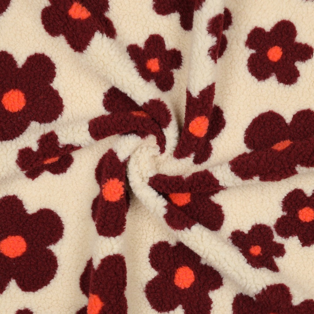 Teddystoff Flowers ecru weinrot
