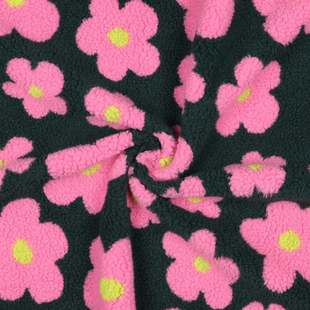 Teddystoff Flowers dunkelgrün pink
