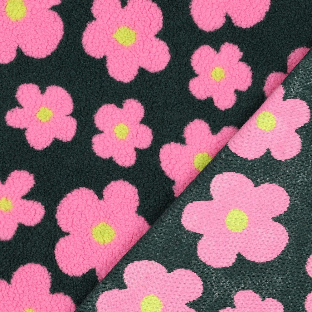 Teddystoff Flowers dunkelgrün pink