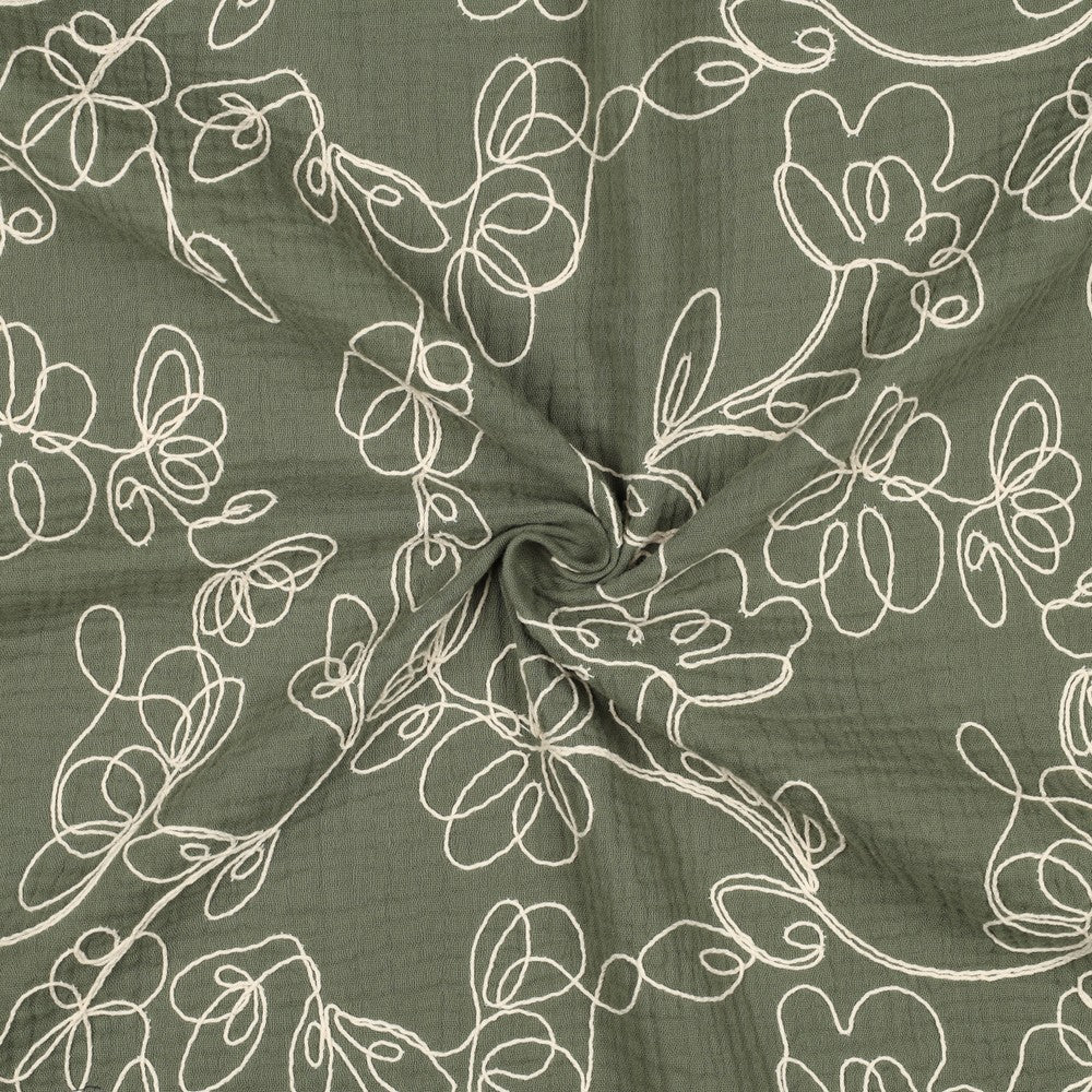 Musselin Double Gauze bestickt Flowers grün