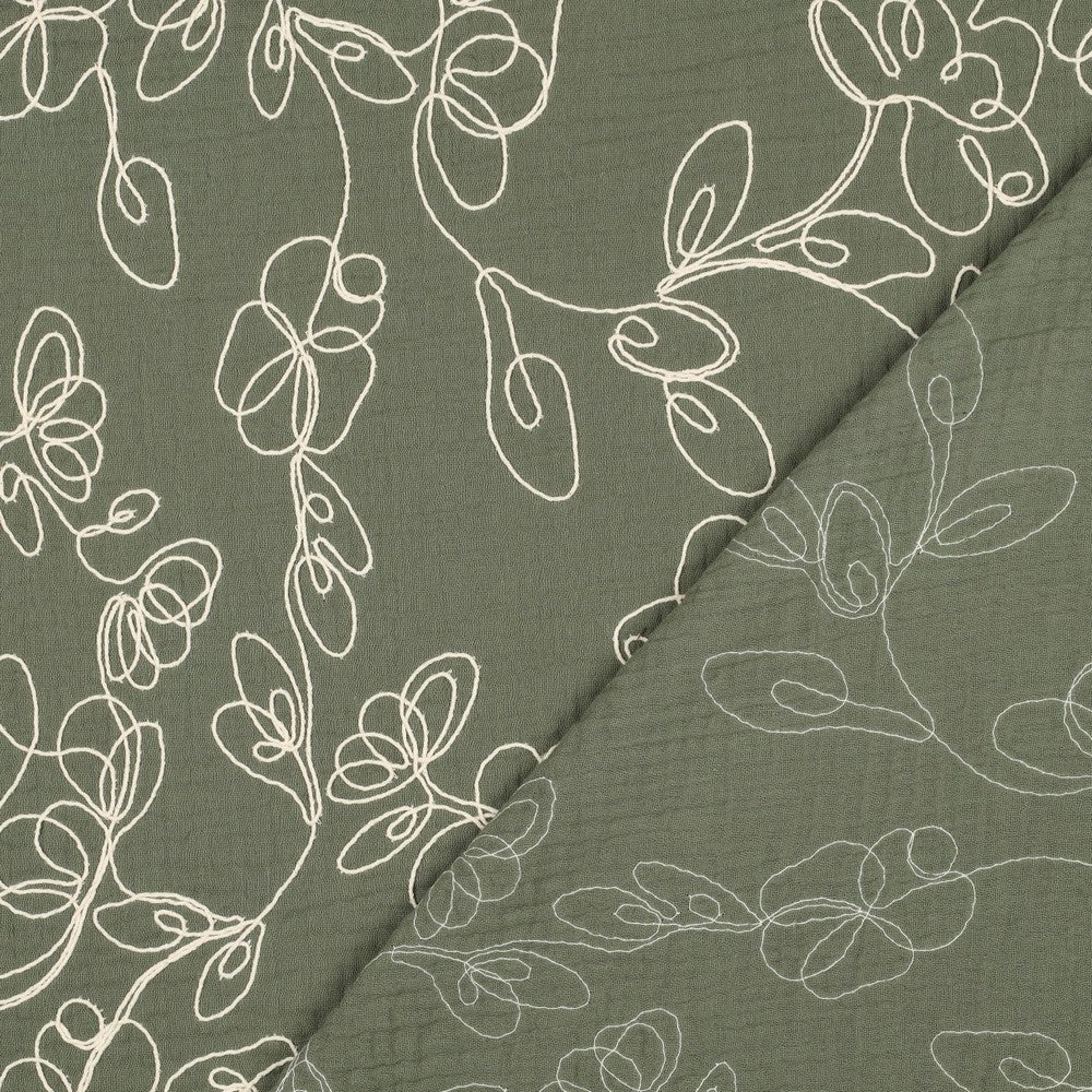 Musselin Double Gauze bestickt Flowers grün