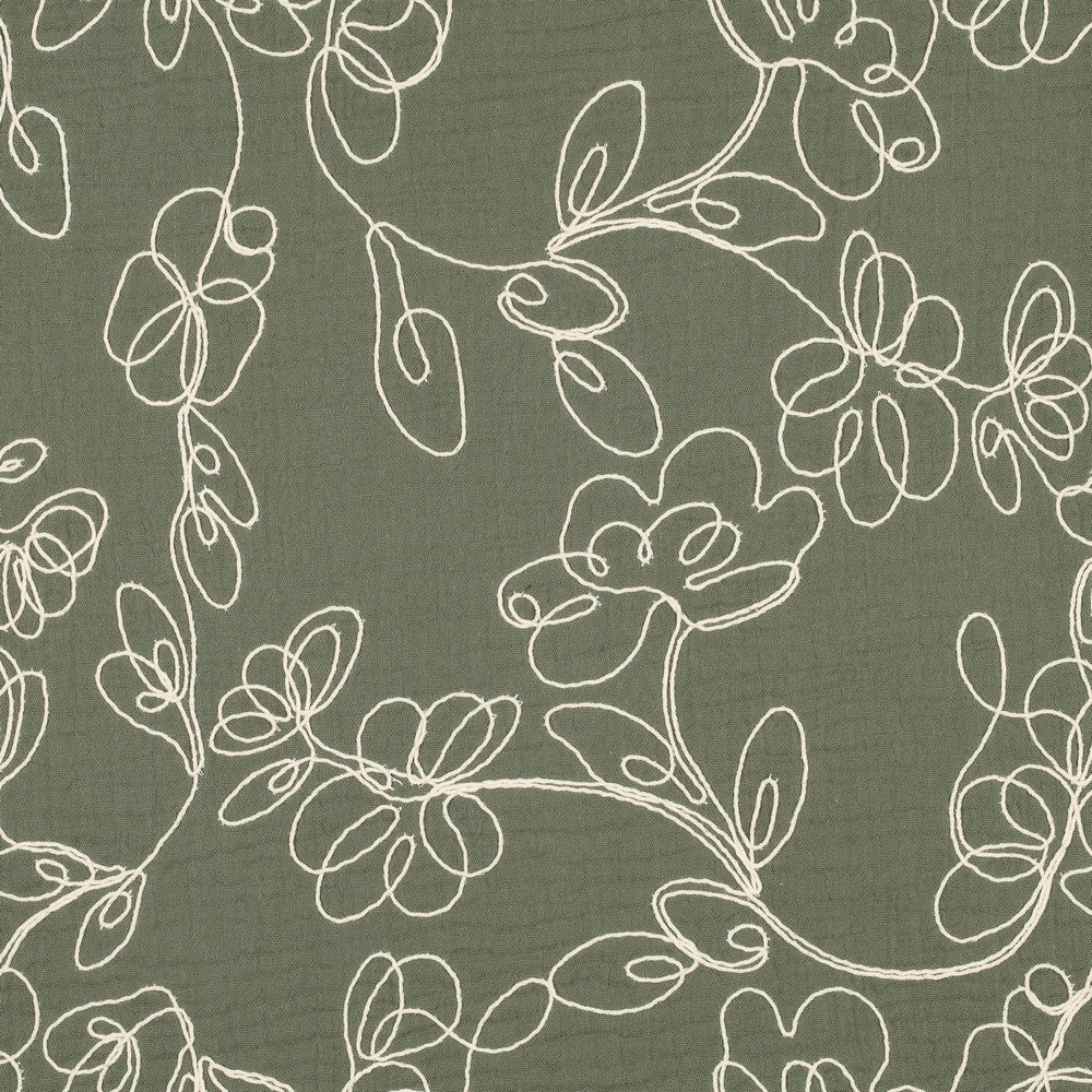 Musselin Double Gauze bestickt Flowers grün