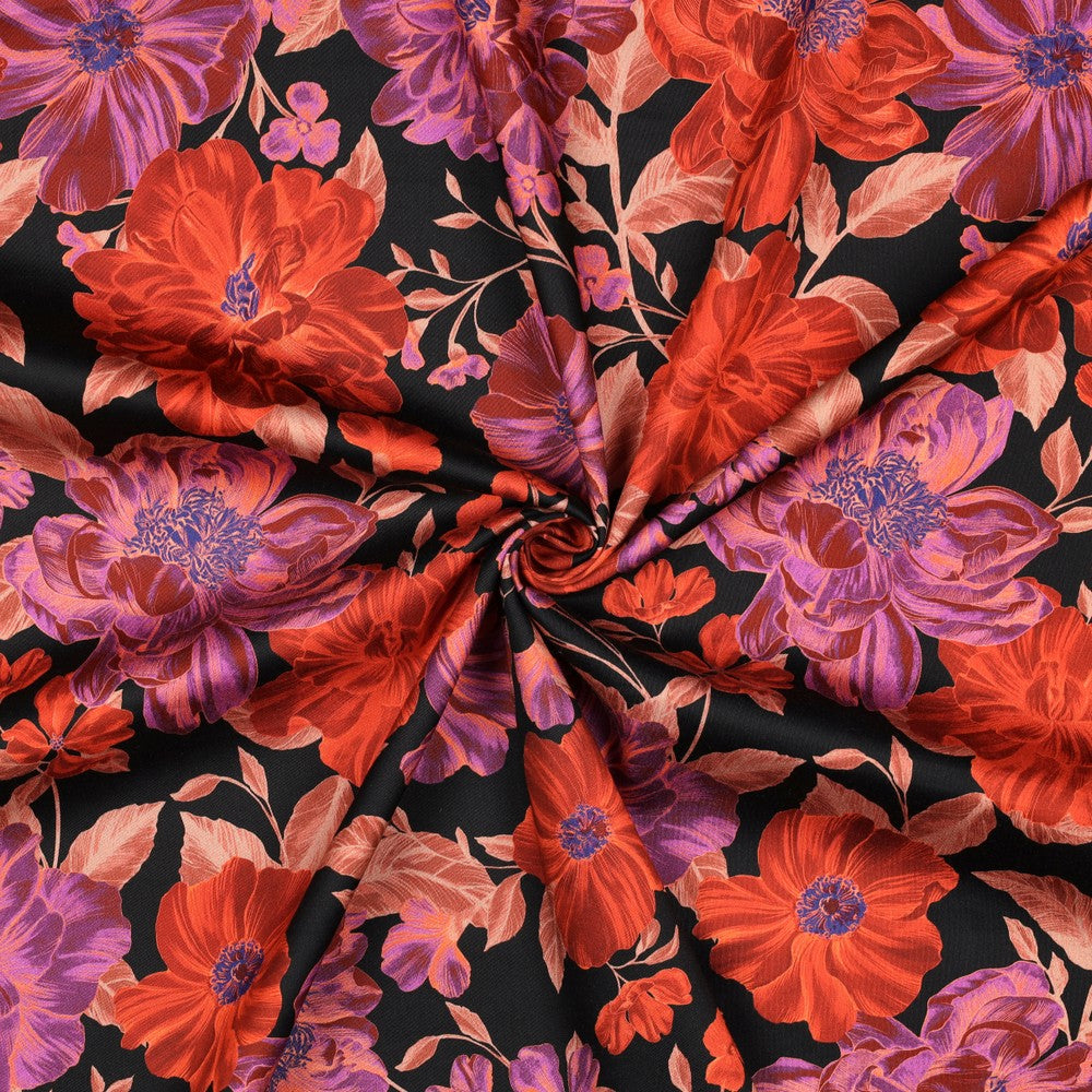 Baumwollsatin digital Flowers schwarz rot