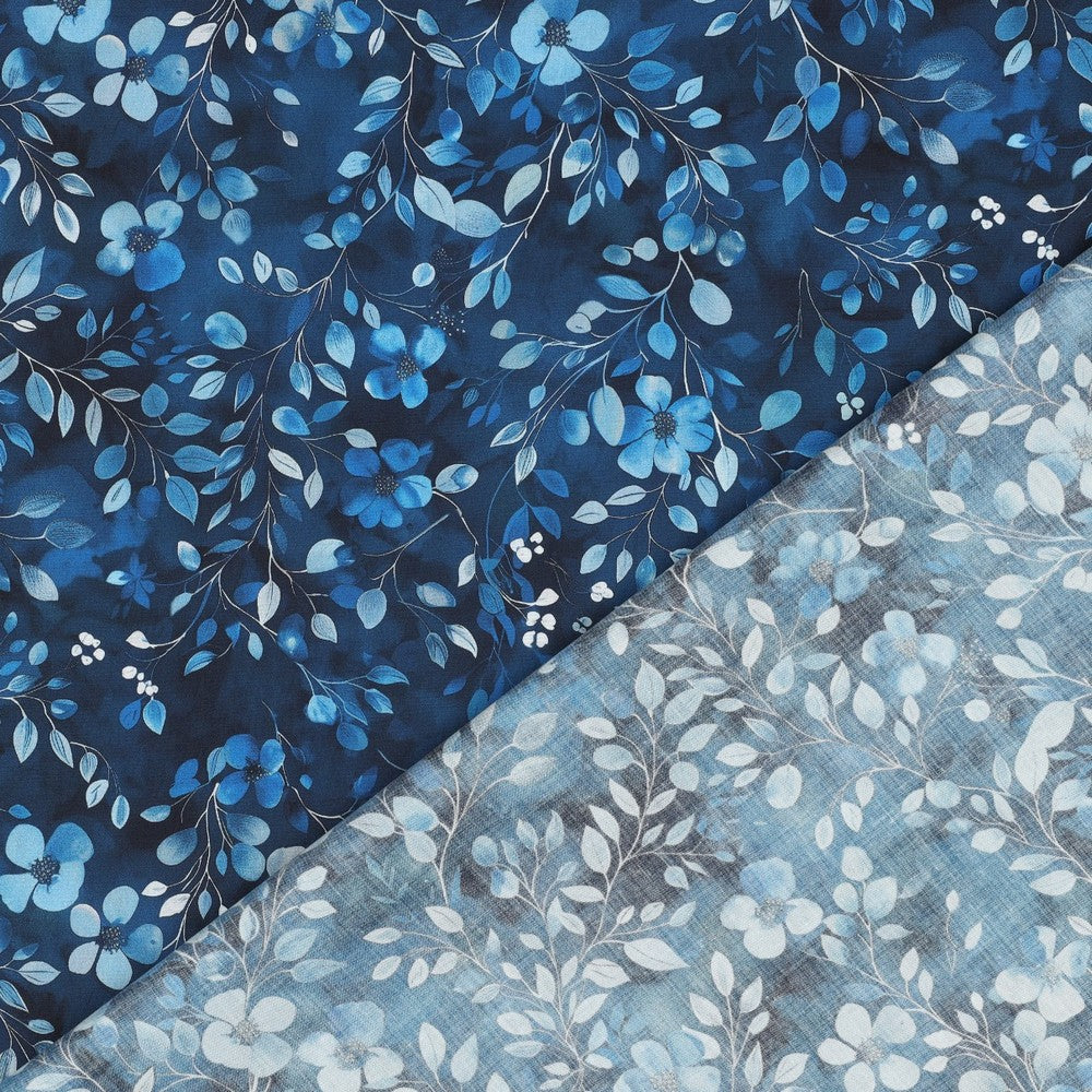 Baumwolle digital Leaves cobaltblau