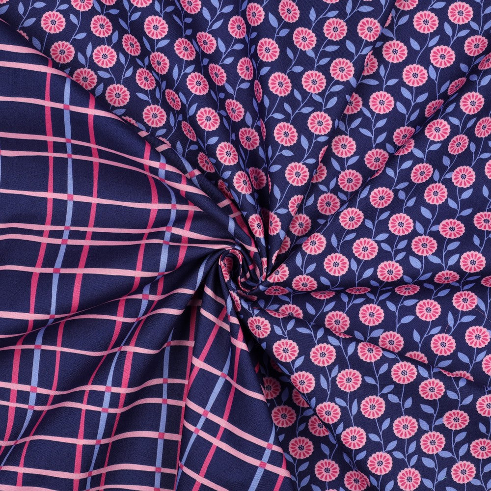 Baumwolle Flowers & Checks Karo navy