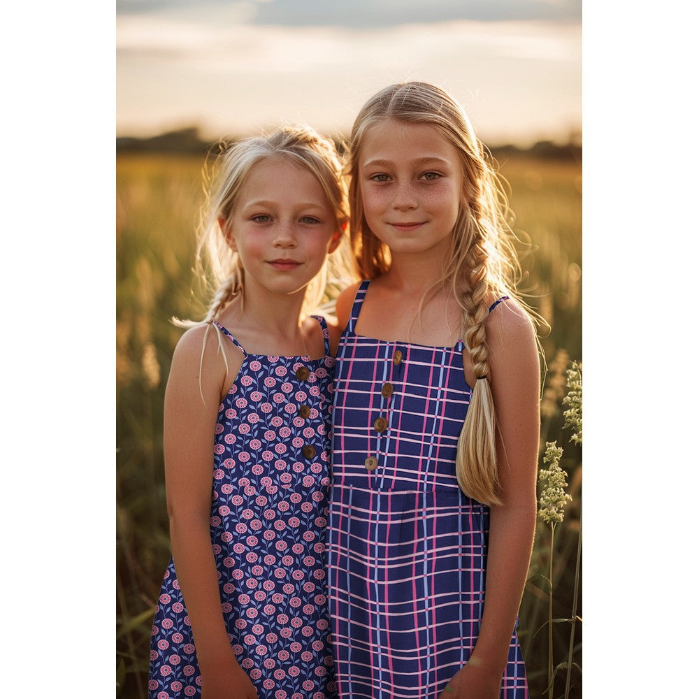 Baumwolle Flowers & Checks Karo navy