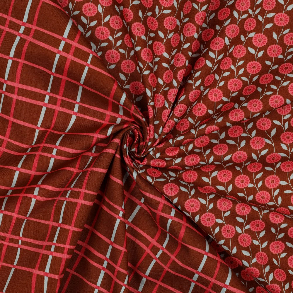 Baumwolle Flowers & Checks Karo caramel