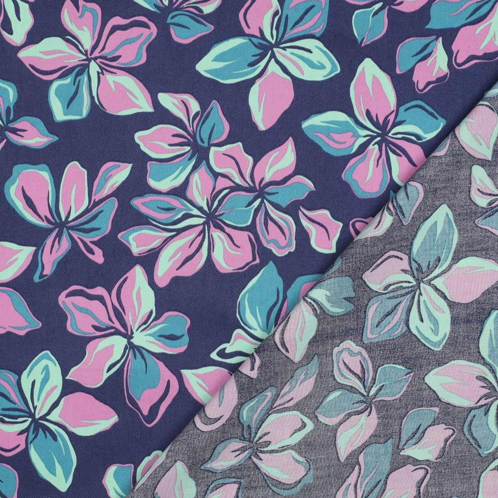 Baumwollsatin digital Flowers navy