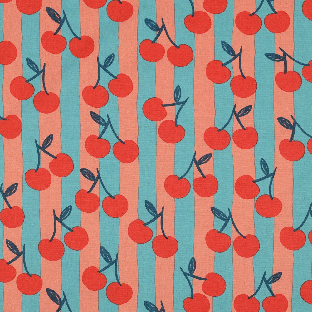 Baumwolle Früchte Kirschen hell petrol peach