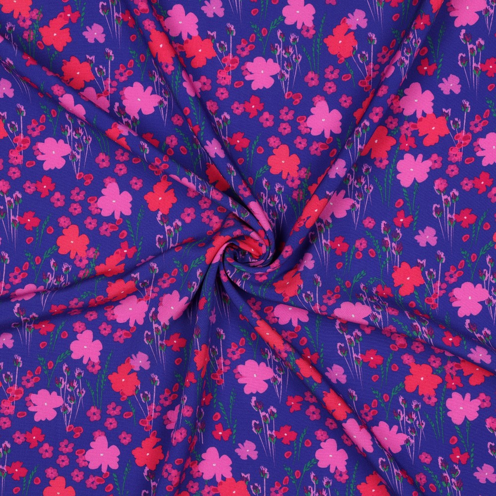 Viskose Lenzing Ecovero Flowers Cobalt pink rot