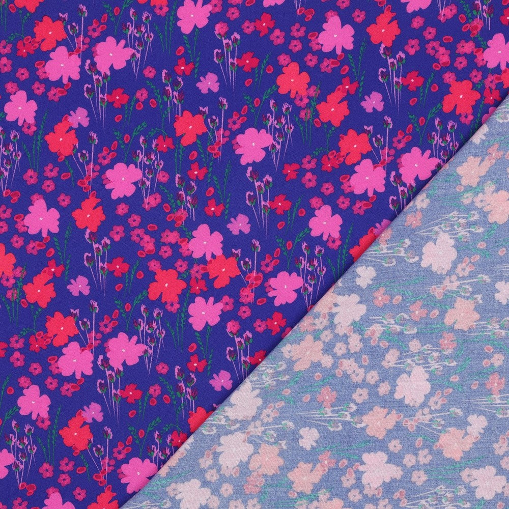 Viskose Lenzing Ecovero Flowers Cobalt pink rot