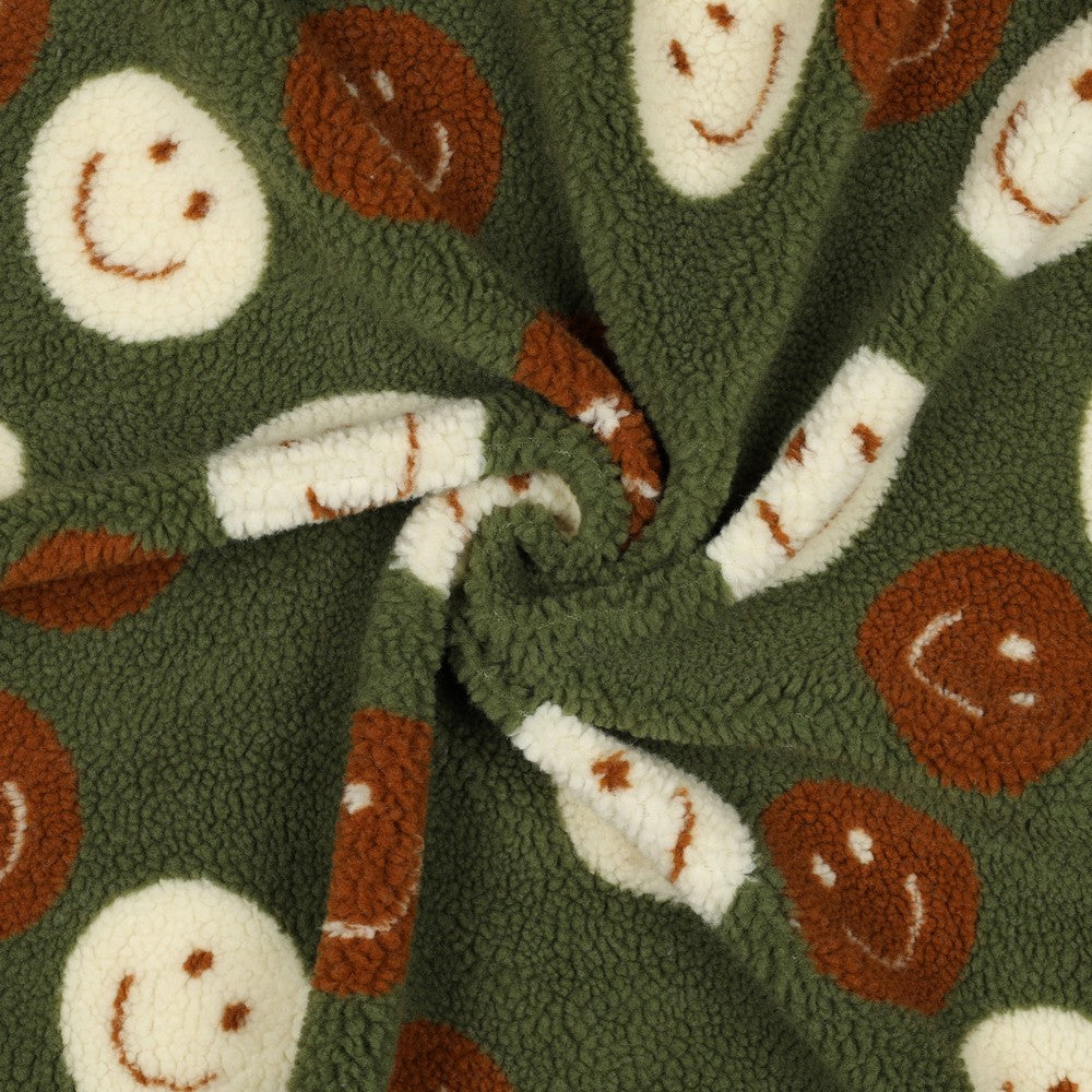 Teddystoff Jacquard Happy Faces grün rost