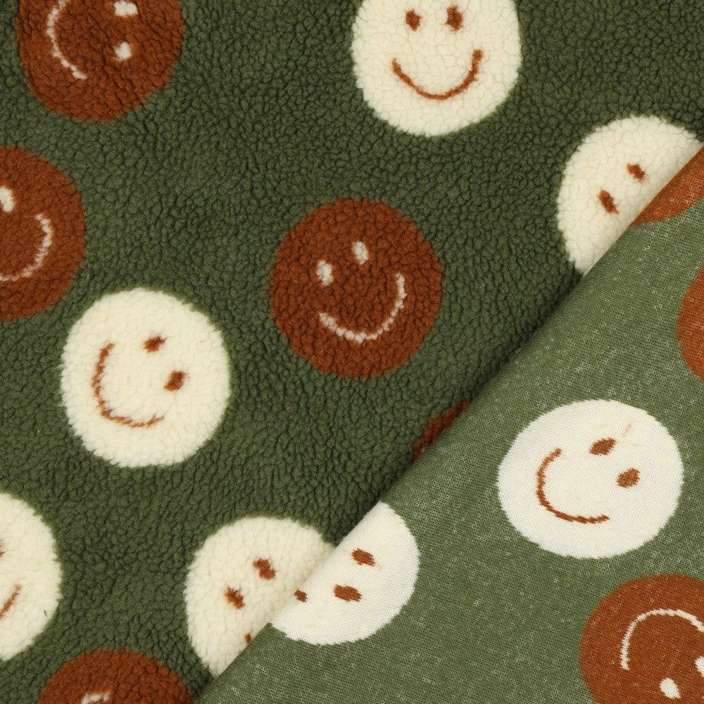 Teddystoff Jacquard Happy Faces grün rost
