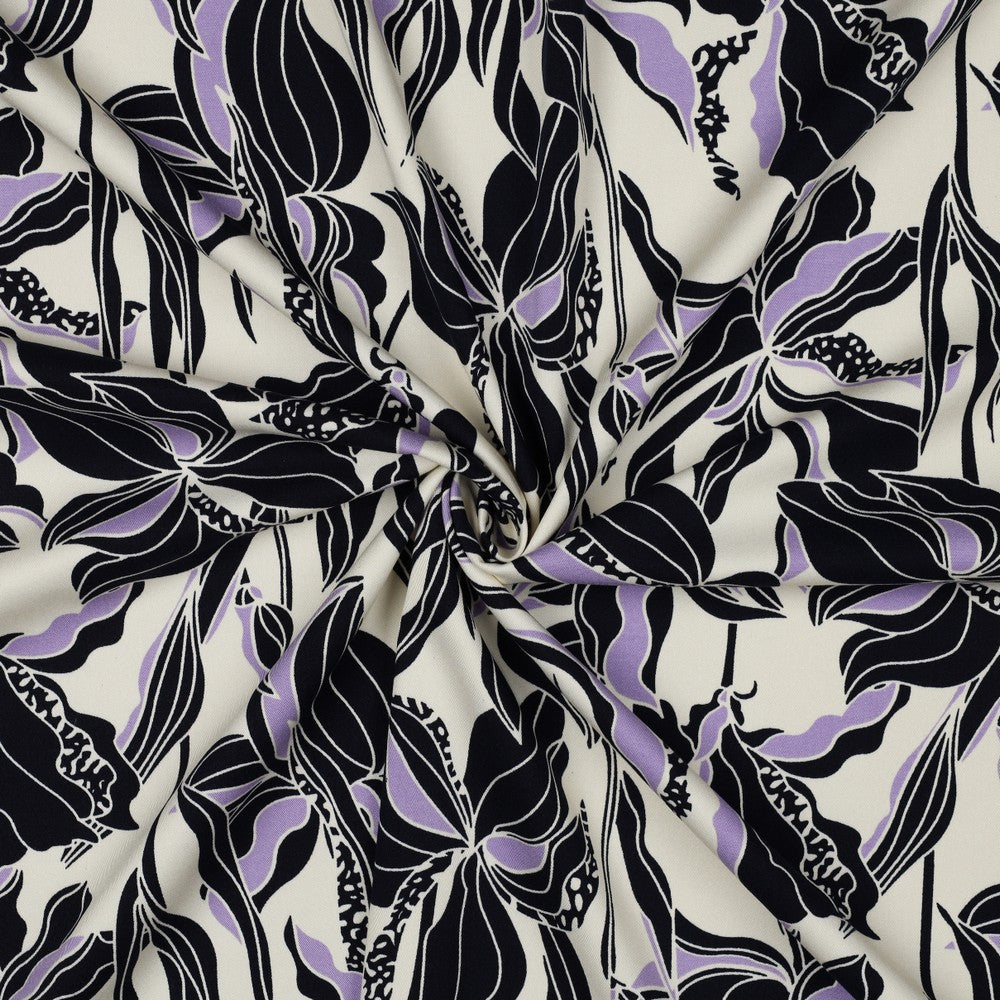 Rosella Stretch Flowers ecru schwarz flieder
