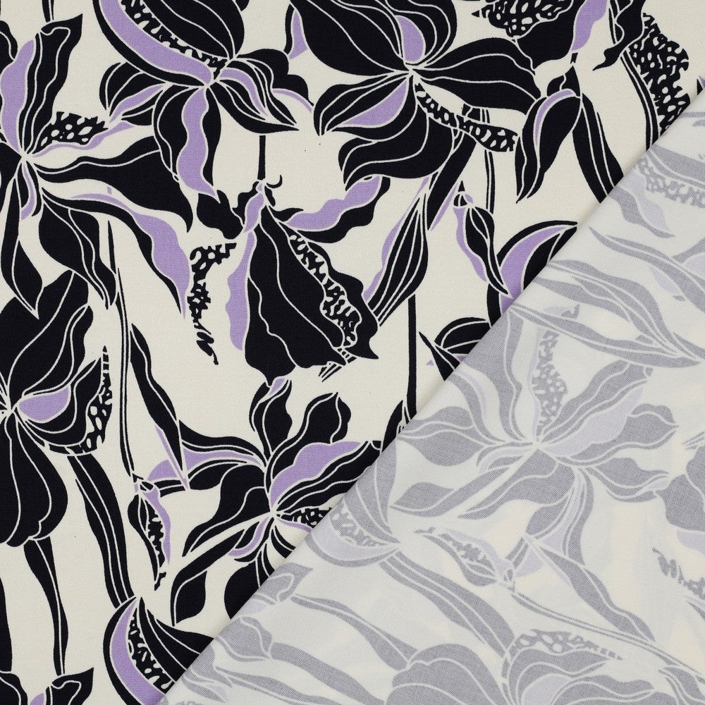 Rosella Stretch Flowers ecru schwarz flieder