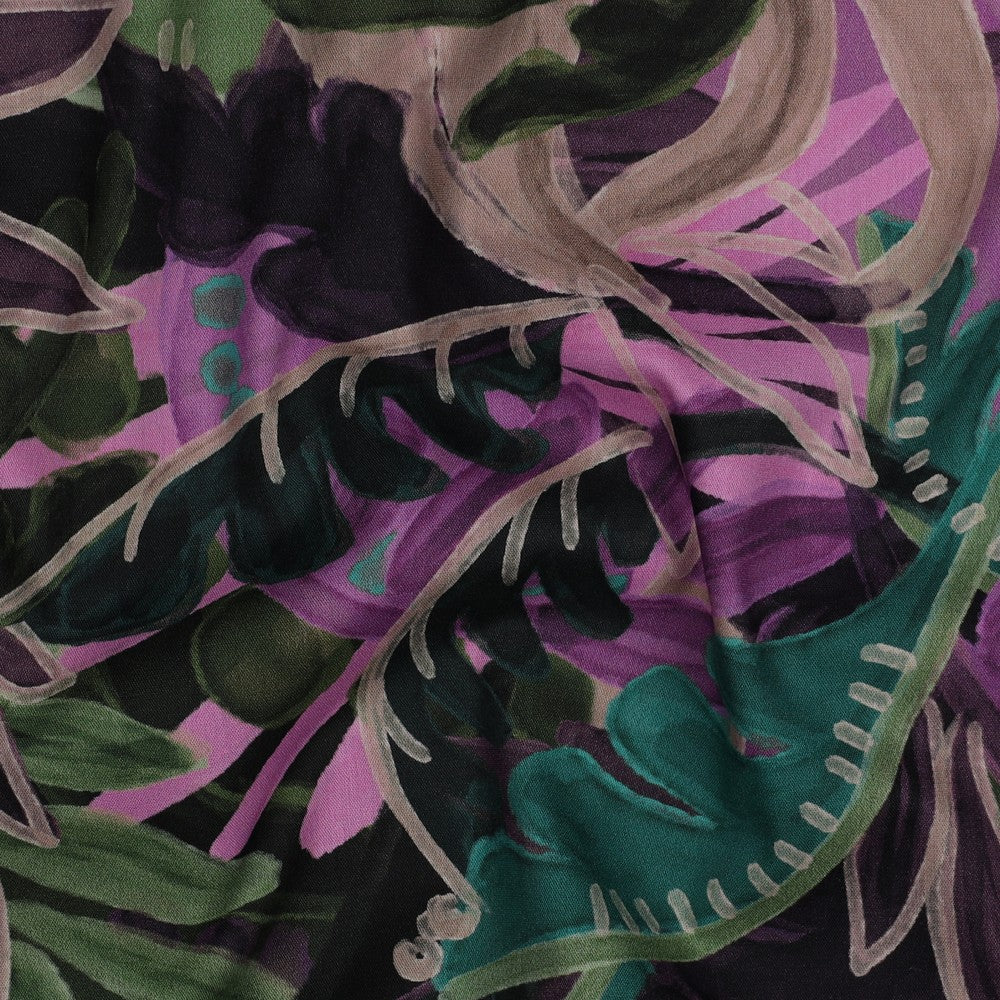 Baumwolle Viskose digital Leaves purple grün