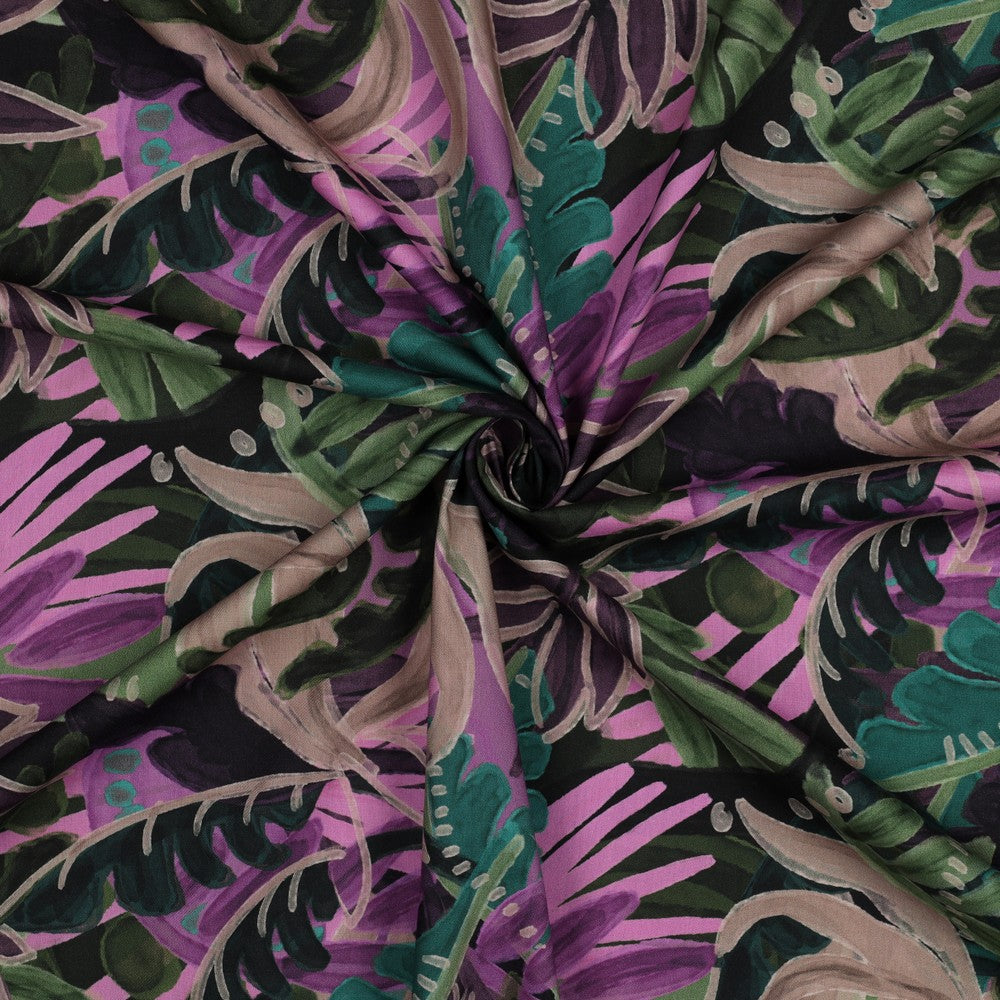 Baumwolle Viskose digital Leaves purple grün