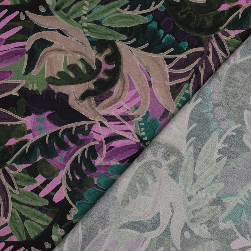 Baumwolle Viskose digital Leaves purple grün
