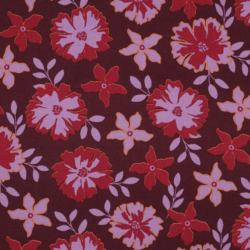Leinen Viskose Blumen bordeaux