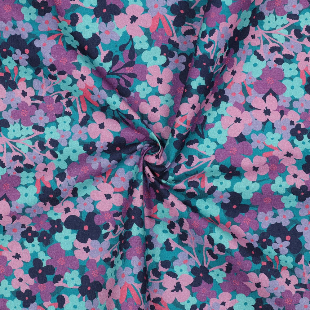 Beschichtete Baumwolle Flowers petrol lila