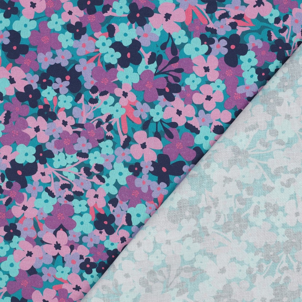 Beschichtete Baumwolle Flowers petrol lila