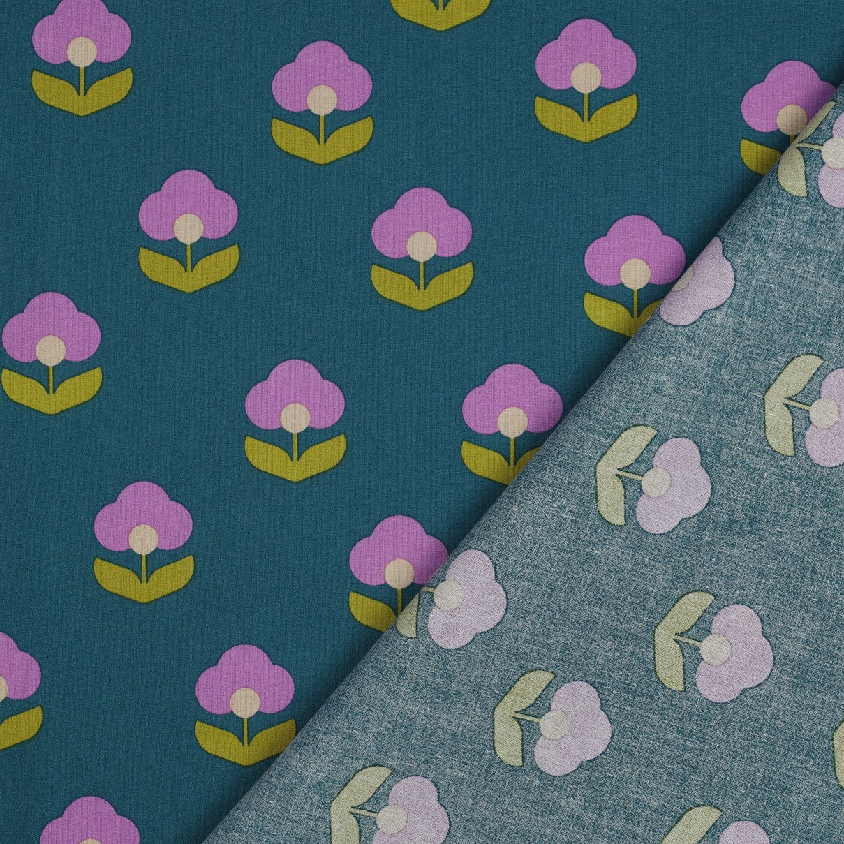Beschichtete Baumwolle Retro Flowers petrol lilac