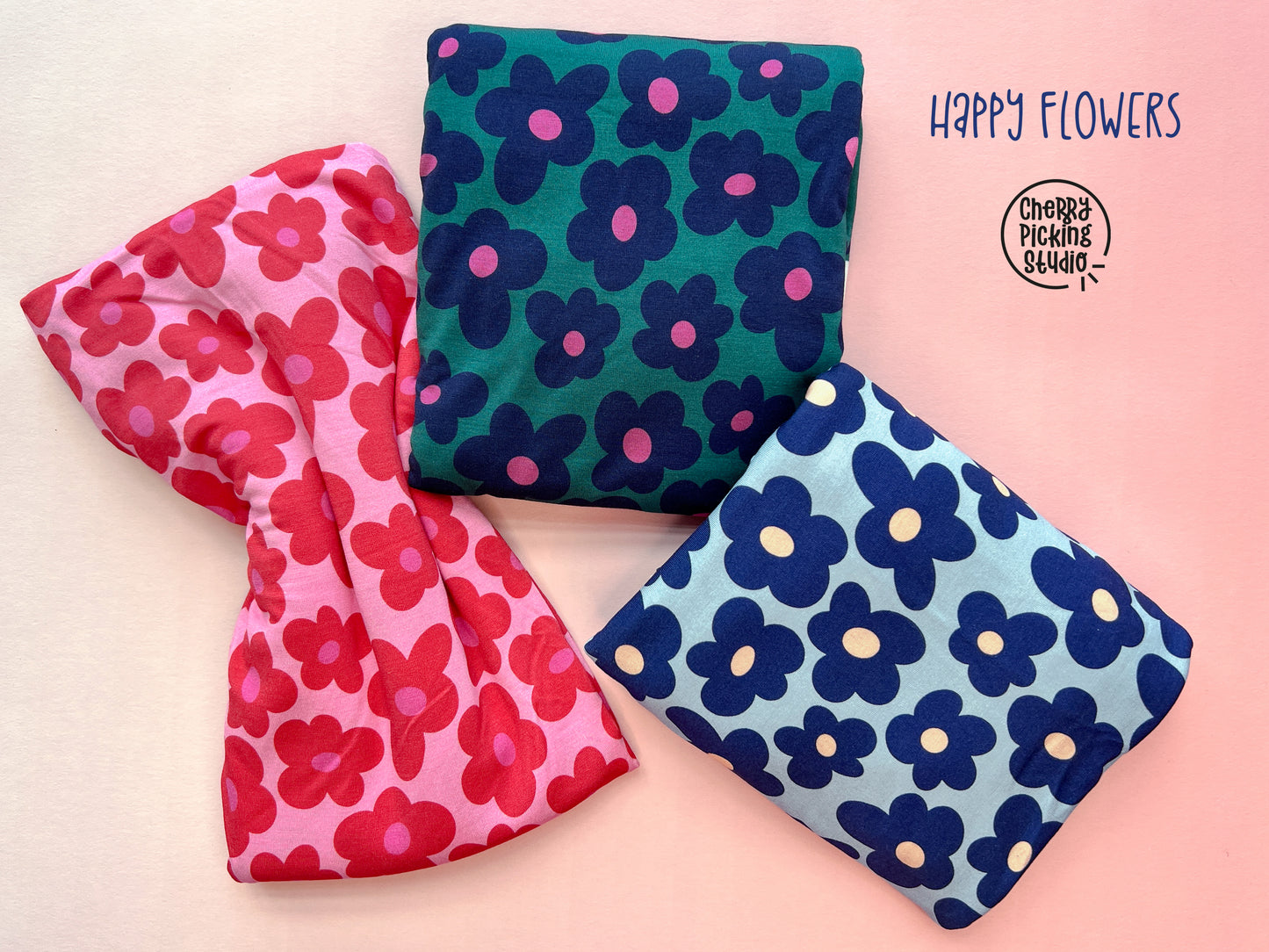 Viskosejersey Happy Flowers by cherry smaragd dunkelblau pink