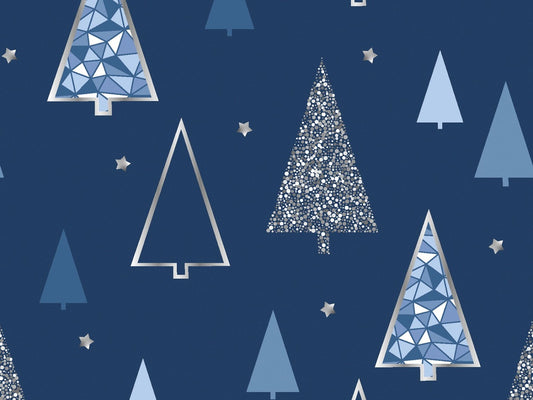 Baumwolle Weihnachten Tannenbäume blau silber