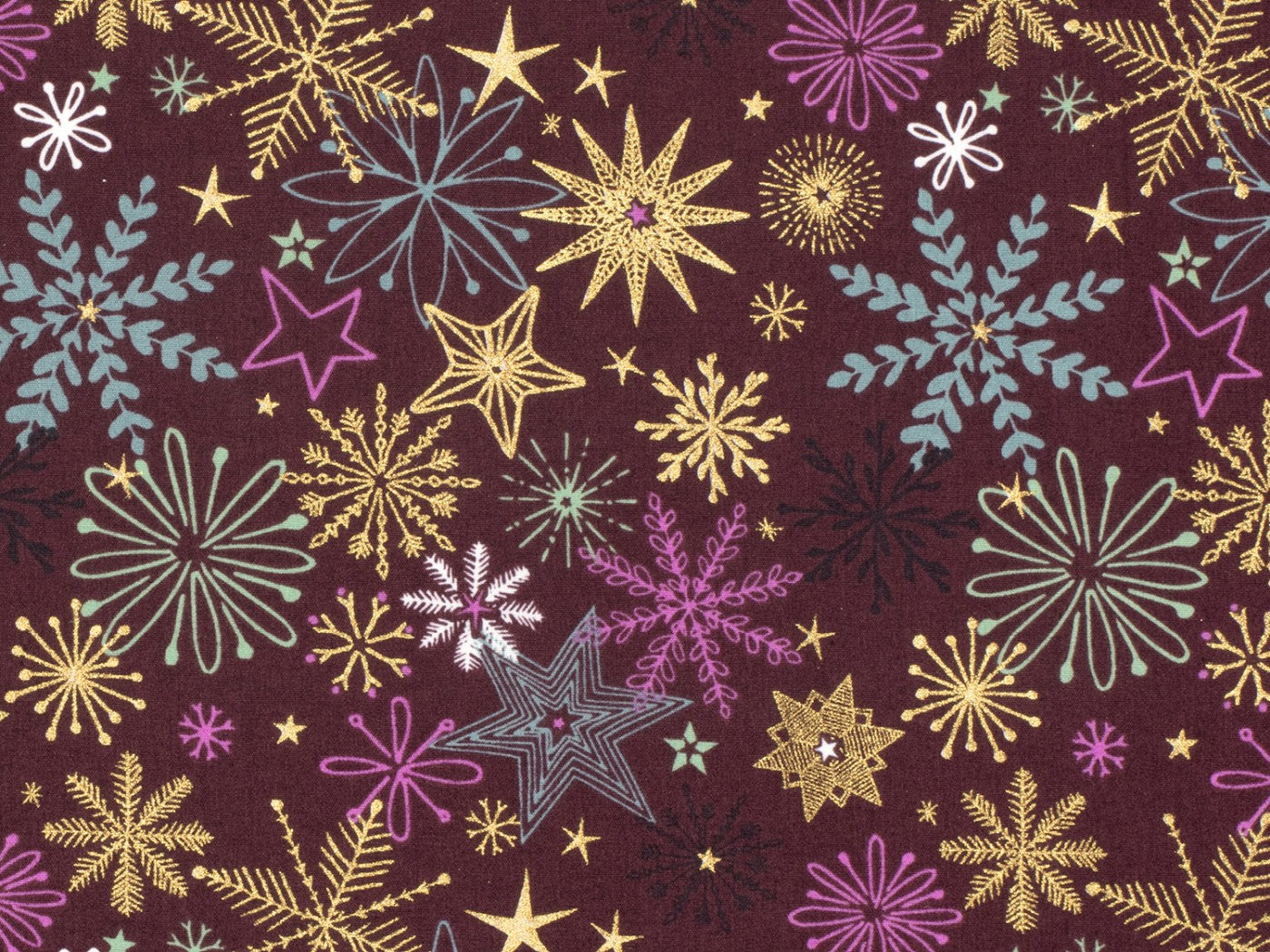 Baumwolle Weihnachten Sterne weinrot gold