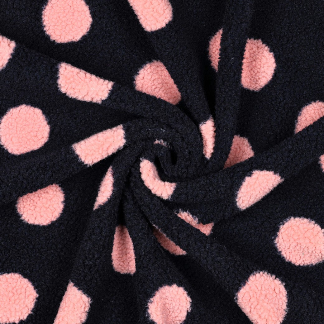 BALD ERHÄLTLICH - Teddystoff Jacquard Dots dunkelblau rosa