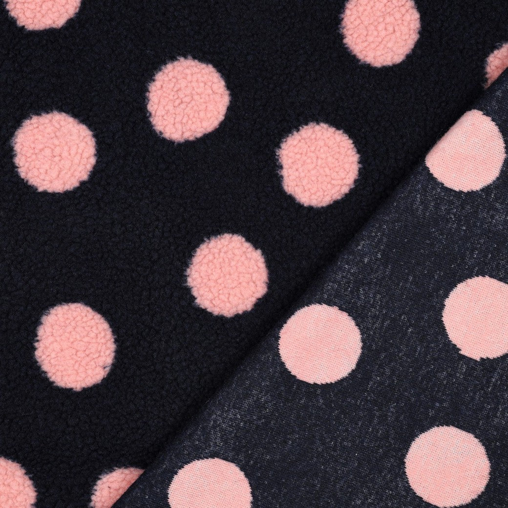 BALD ERHÄLTLICH - Teddystoff Jacquard Dots dunkelblau rosa