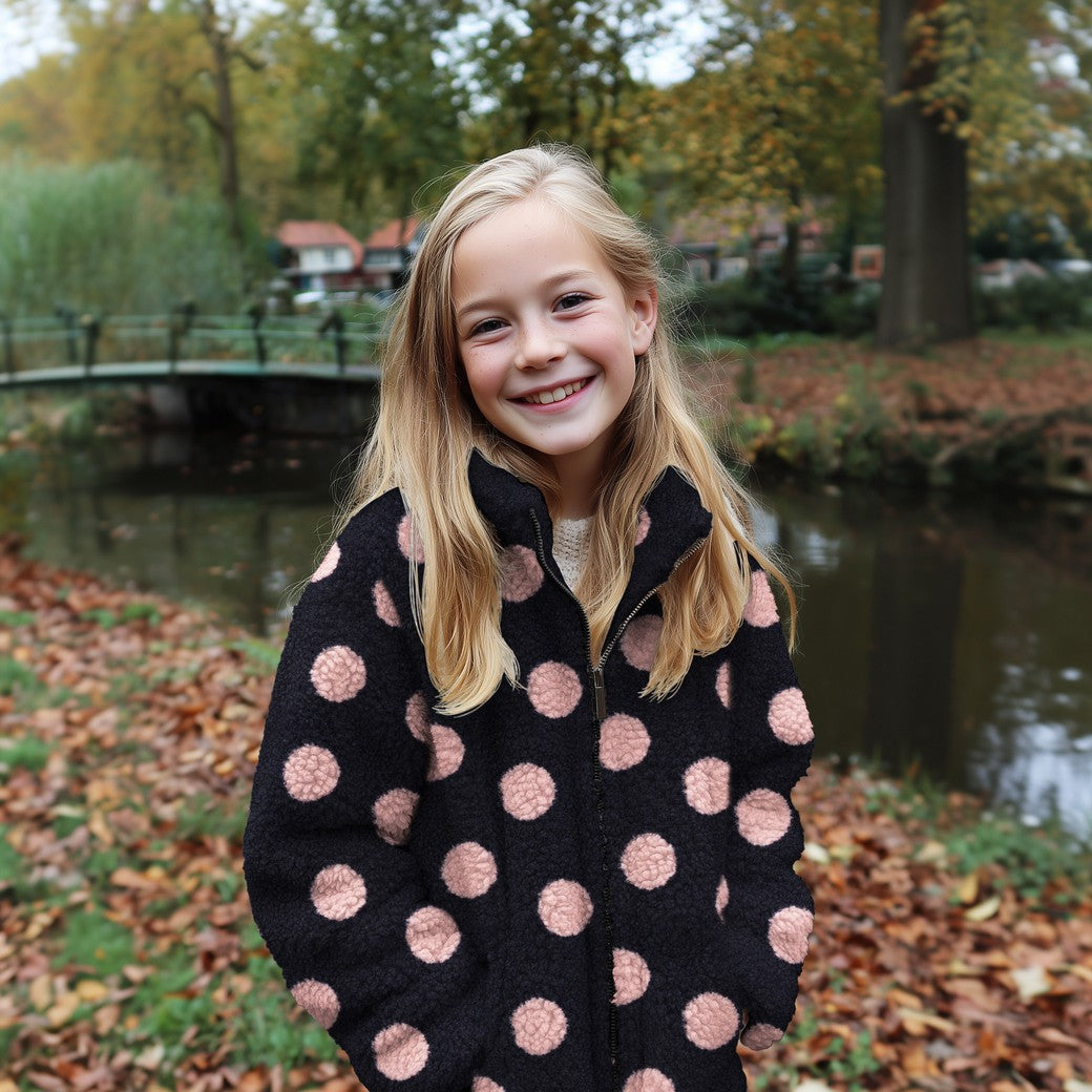 BALD ERHÄLTLICH - Teddystoff Jacquard Dots dunkelblau rosa