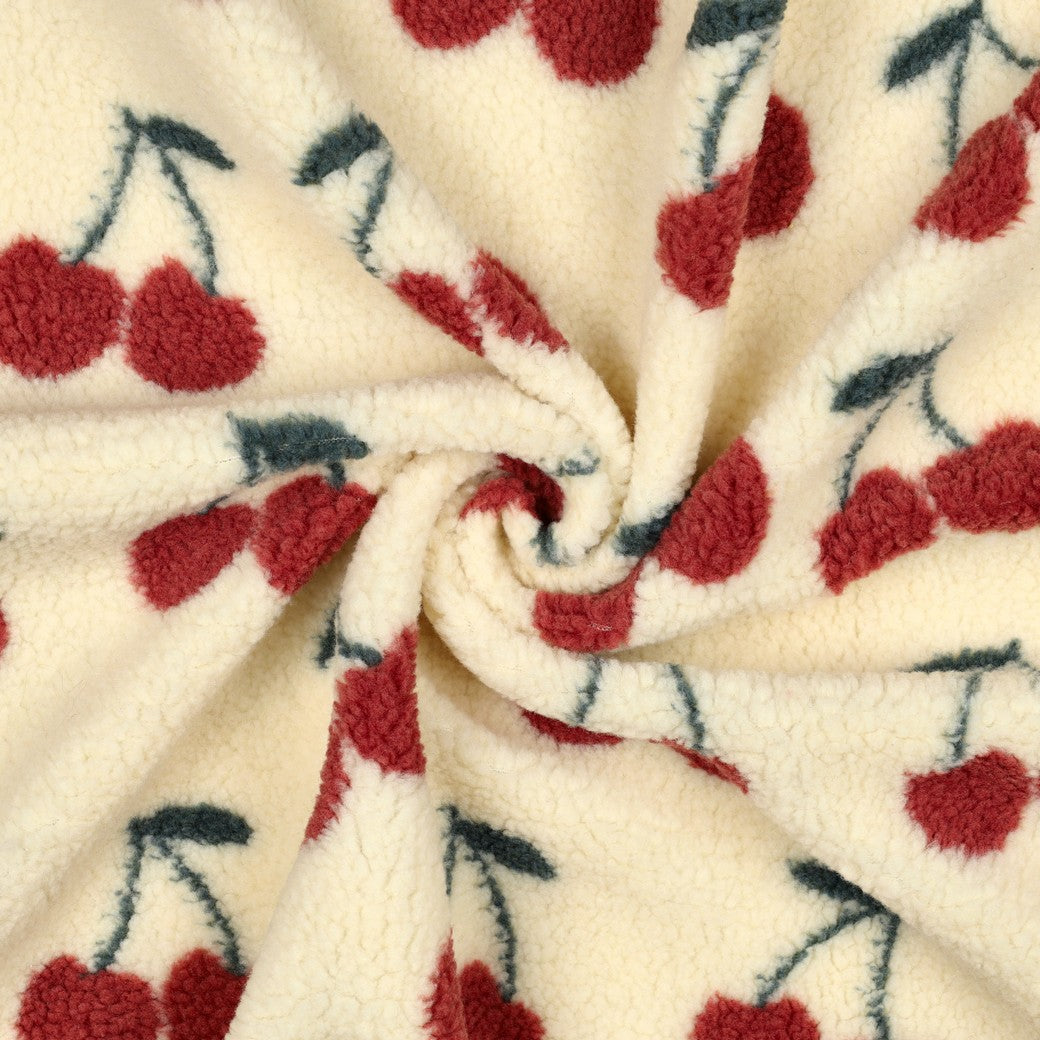 BALD ERHÄLTLICH - Teddystoff Jacquard Kirschen ecru