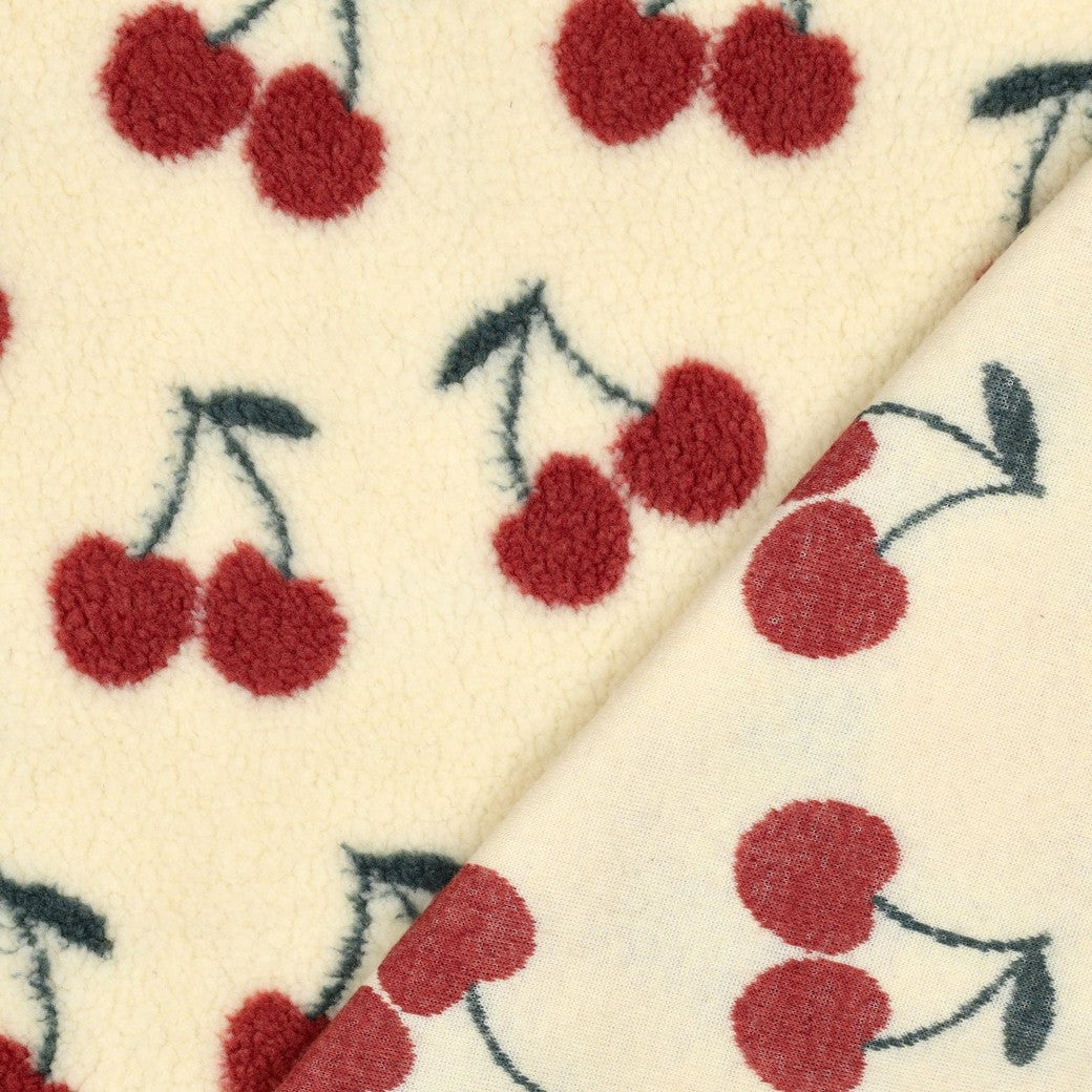 BALD ERHÄLTLICH - Teddystoff Jacquard Kirschen ecru