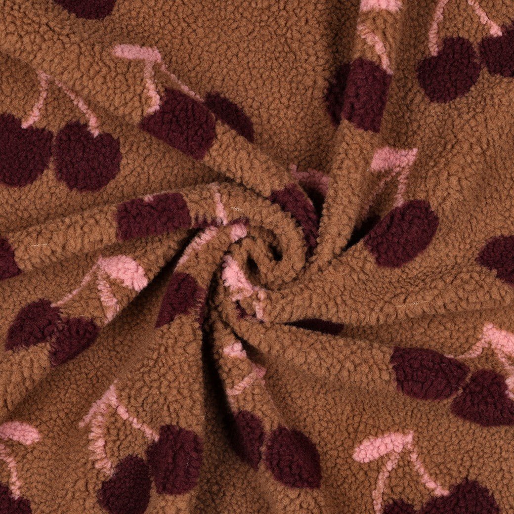 BALD ERHÄLTLICH - Teddystoff Jacquard Kirschen cognac
