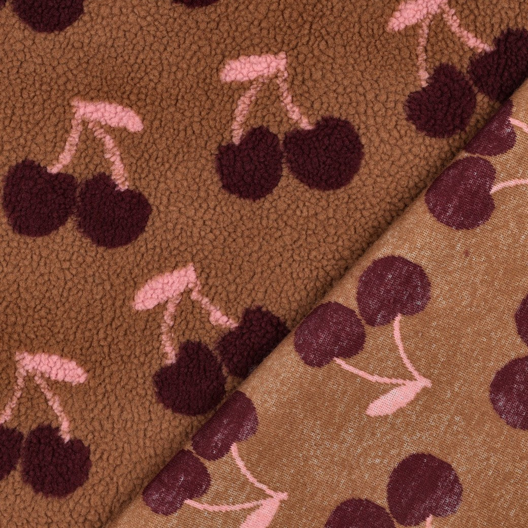 BALD ERHÄLTLICH - Teddystoff Jacquard Kirschen cognac