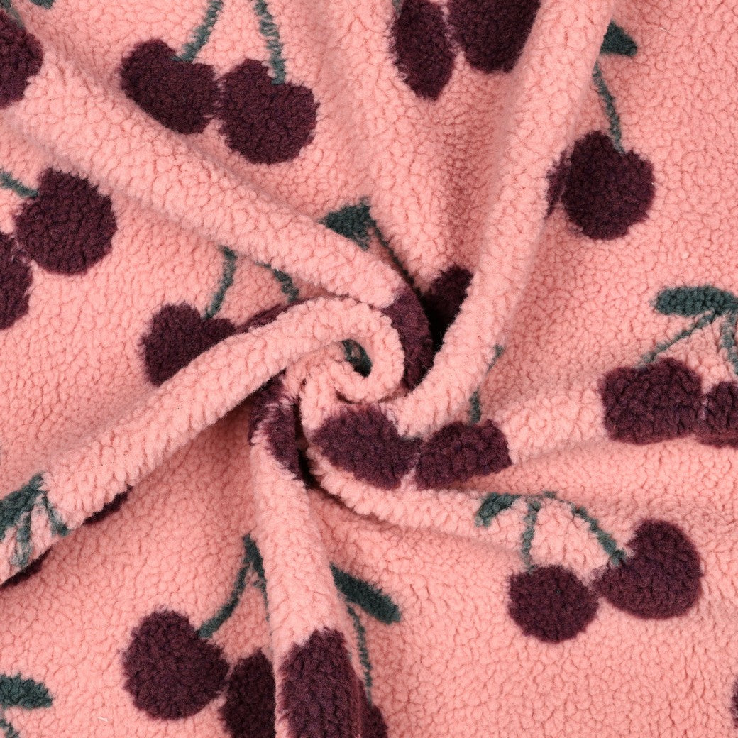BALD ERHÄLTLICH - Teddystoff Jacquard Kirschen rosa