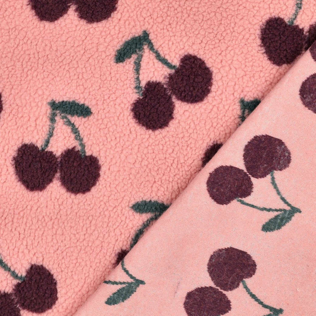BALD ERHÄLTLICH - Teddystoff Jacquard Kirschen rosa