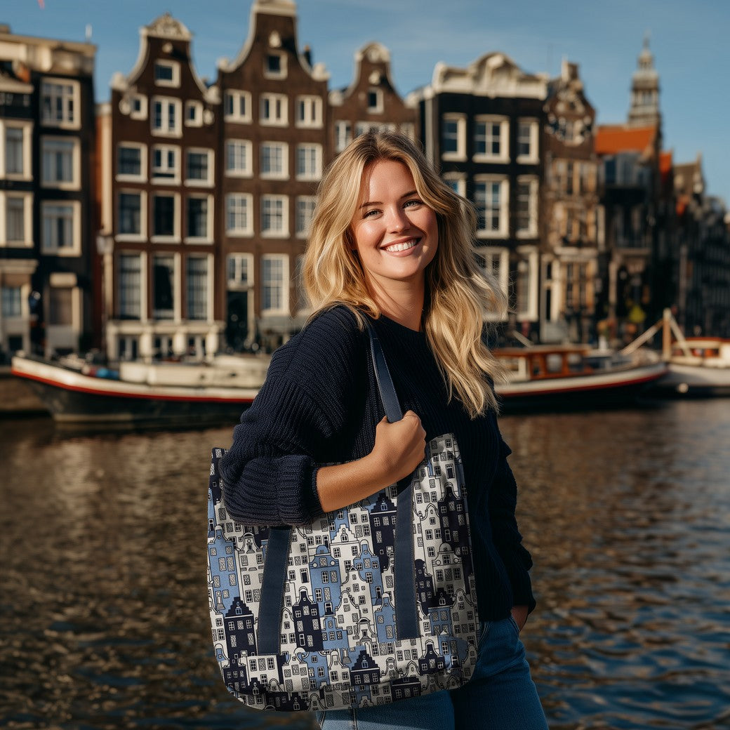 Canvas leinenlook Dutch Houses blau natur